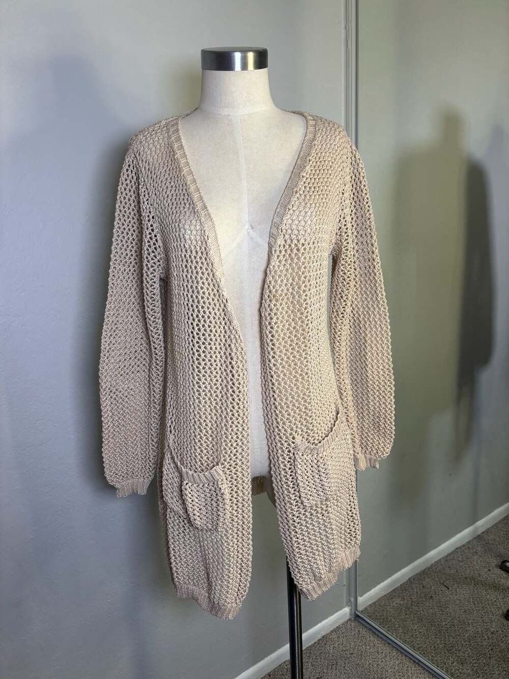 Ganji Open Front Knit Cardigan Size S Beige Mesh Sweater with Pockets